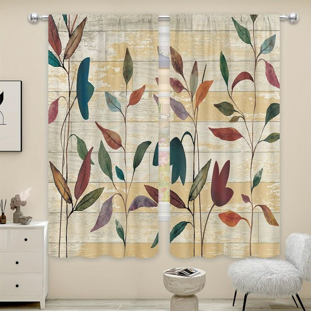 Yiran Furniture Aquarell Botanische Küchenvorhänge im 2er-Set mit Blumenmuster, halbtransparent, Mehrfarbig, B: 75 cm, H: 166 cm - Bild 1