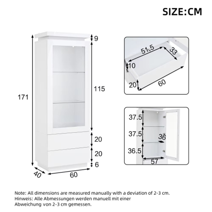 Hochglanz Vitrine Hochschrank mit LED-Beleuchtung und 2 Schubladen in Weiß, B/T/H: 60 x 40 x 171 cm - Bild 4