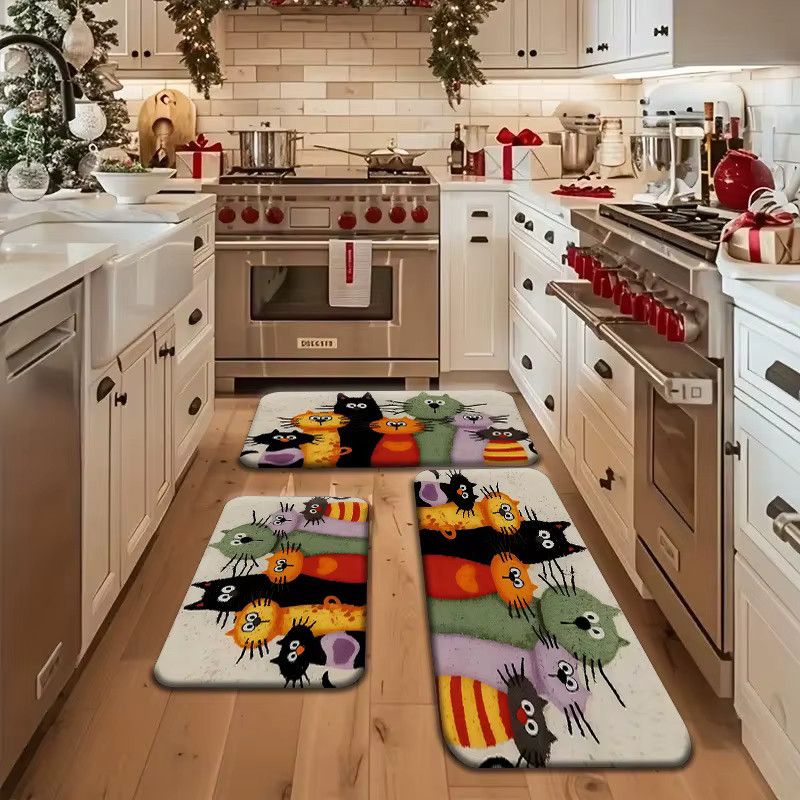 VIKAMA Teppich mit Cartoon-Katzenfamilie in Multicolor für Wohnzimmer, Küche oder Badezimmer - Bild 3