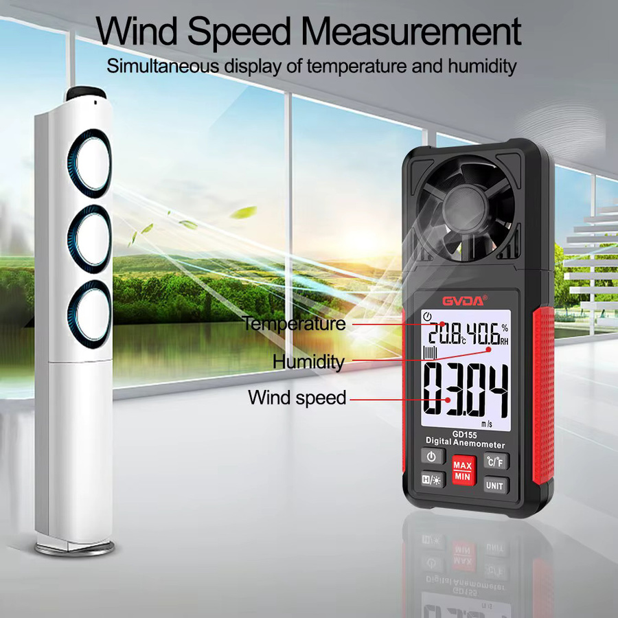 Gvda Digitales Anemometer GD155 in Schwarz zur Messung von Windgeschwindigkeit, Temperatur und Windchill mit LCD-Hintergrundbeleuchtung - Bild 2