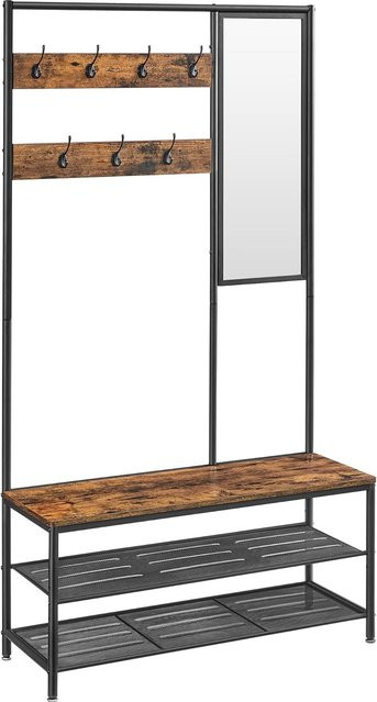 VASAGLE Garderobenständer mit Sitzbank, Spiegel und 7 Haken im Industriedesign, Braun-Schwarz, B/T/H: 35 x 98 x 180 cm - Bild 1