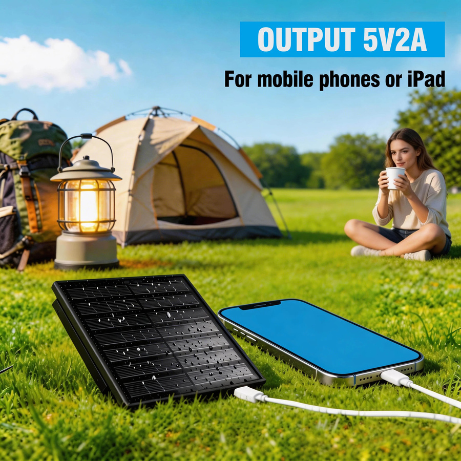 iXSolarleap 4W Solarpanel mit 5V 12V 2A Ausgang, Micro-USB und USB-C, wasserdicht für den Außenbereich, Schwarz - Bild 5