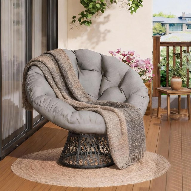 HiMISS Ergonomischer Papasan-Stuhl aus Korbgeflecht mit weichem Stoffkissen und 360 Grad drehbarer Basis, Grau - Bild 1