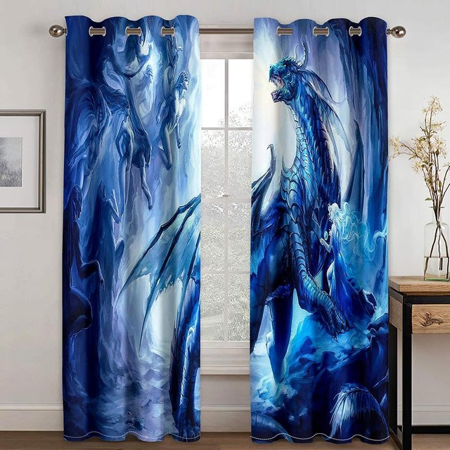 Dekorative Vorhänge mit Fliegendem Drachen und Dinosaurier Motiv in Blau, 2er-Set mit Ösen, Breite: 50 cm, Höhe: 160 cm - Bild 1