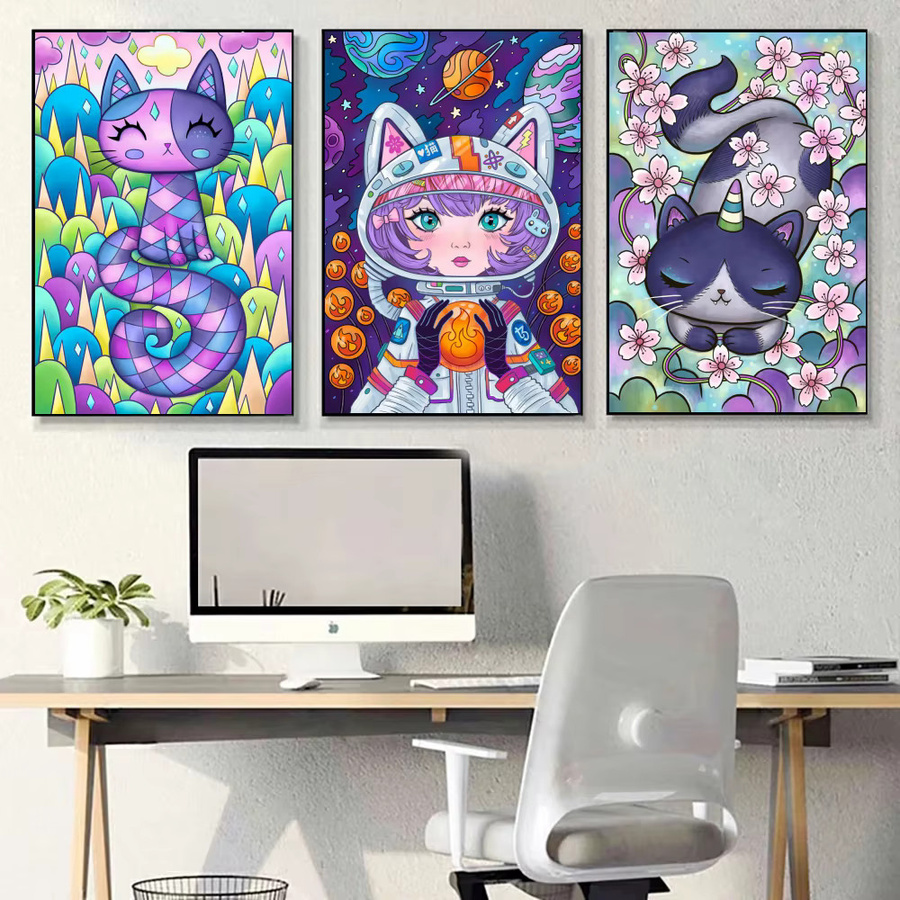 Potdemiel DIY 5D Diamantmalerei Set Fantasy Cartoon Mädchen mit Katze und Blumen, Multicolour, B/H: 30,0 x 20,0 cm - Bild 3