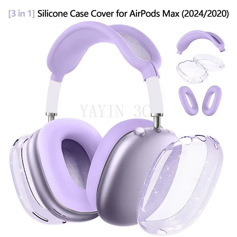CHONGJIZHE 3-in-1 Silikon und transparentes TPU Schutzhülle für AirPods Max Headset, stoßfest und berührungsempfindlich, Lila/Transparent - Bild 2