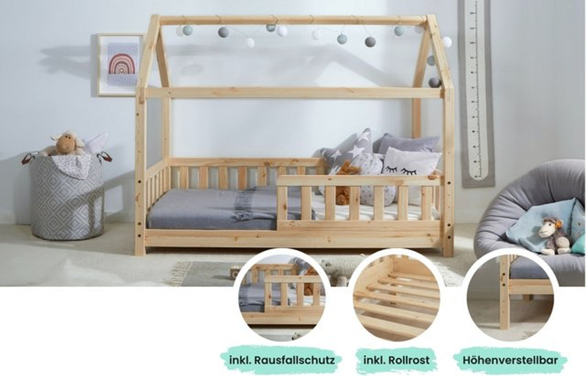 TiCAA Kinderbett Hausbett Kay aus massivem Kiefer in Natur, B/T/H: 160 x 80 x 134 cm - Bild 3