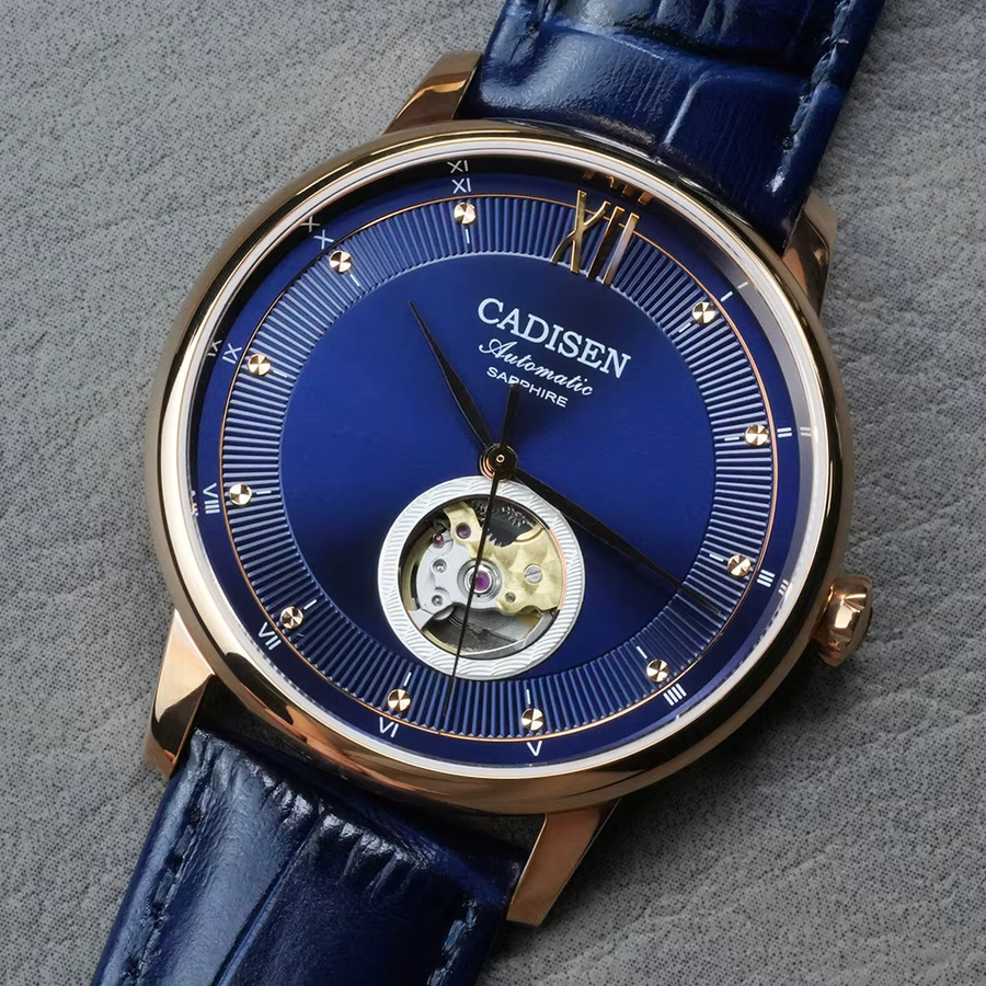 CADISEN Armbanduhr Automatik, Roségold, Blau, Leder, Herren - Bild 3