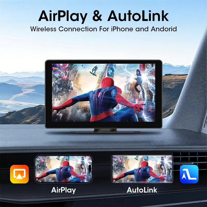 Srnubi 10-Zoll tragbarer kabelloser Carplay-Bildschirm mit Rückfahrkamera und Android Auto, Multimedia-Player für dein Auto, Schwarz - Bild 3