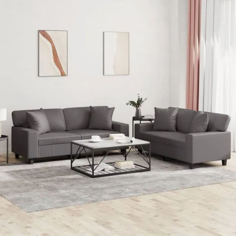 2-tlg. Sofagarnitur von vidaxl in Grau aus Kunstleder mit Metallfüßen und Kissen - Bild 1