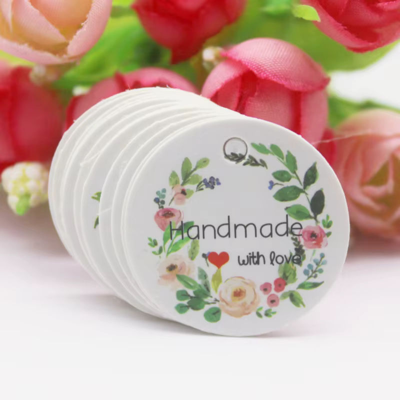 100 runde Hochzeits-Geschenketiketten aus Papier mit Blumen-Motiv und Seilen in Weiß und Braun, Durchmesser: 3 cm - Bild 4
