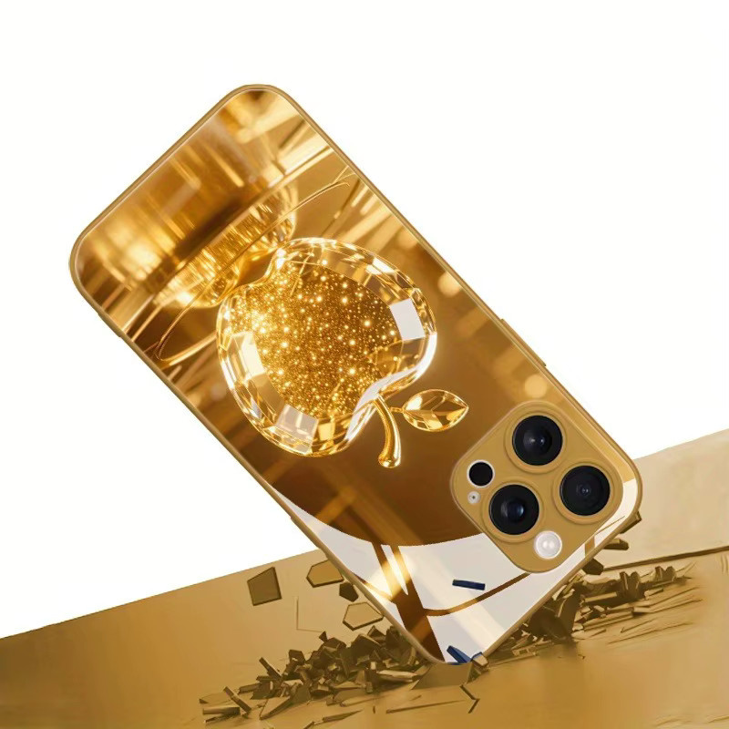 Goldene iPhone Hülle mit Kristall-Design und Apple-Muster in Metallic-Optik für iPhone 11 bis iPhone 18 Pro Max Plus und 17Air 16E - Bild 2