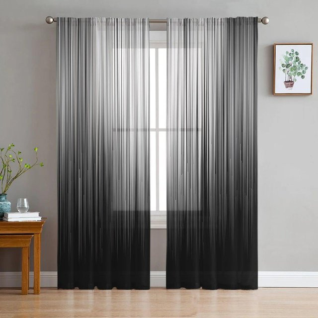 A Family Of Home Textiles Transparente Tüll-Vorhänge mit schwarz-weißen vertikalen Streifen, 2er-Set, Breite: 135 cm, Höhe: 244 cm - Bild 1