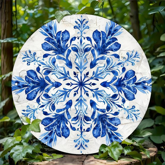 Potdemiel Vintage-Schneeflocken Aluminiumschild mit blauem und weißem Blumendesign, runde Wanddekoration für Outdoor und Zuhause, Durchmesser: 20,3 cm - Bild 1