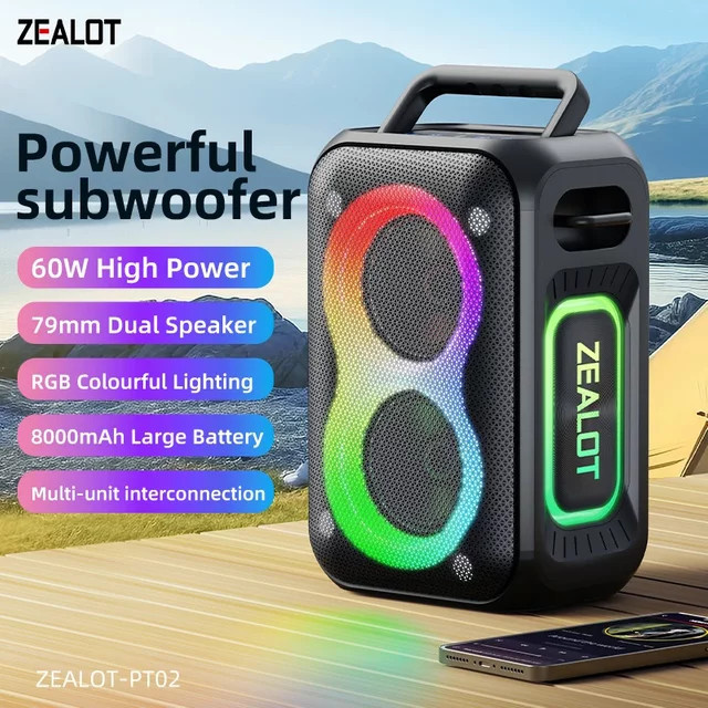 ZEALOT PT02 Bluetooth-Lautsprecher in Schwarz mit 60 W Leistung, verbesserter Bass, IPX6 wasserdicht und 12 Stunden Akkulaufzeit - Bild 1