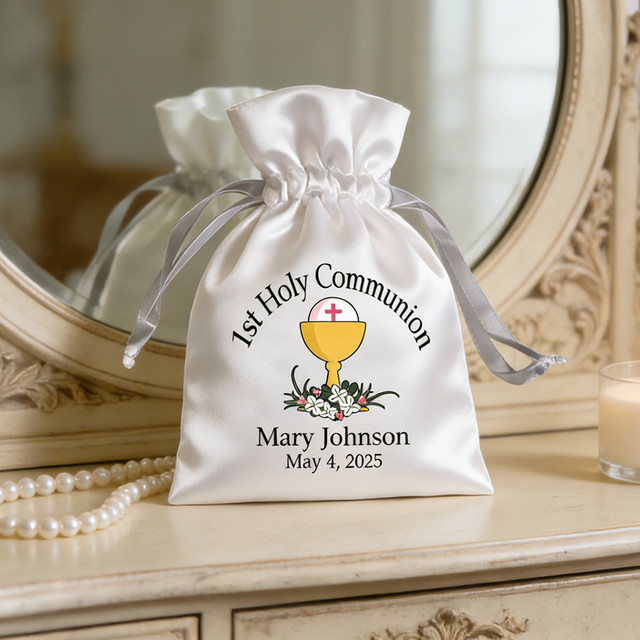 5-teiliges Set Satin-Geschenkbeutel mit Kordelzug in Weiß für die 1. Heilige Kommunion mit Kelch- und Blumenmotiv als Taufgeschenk oder Taufandenken - Bild 1