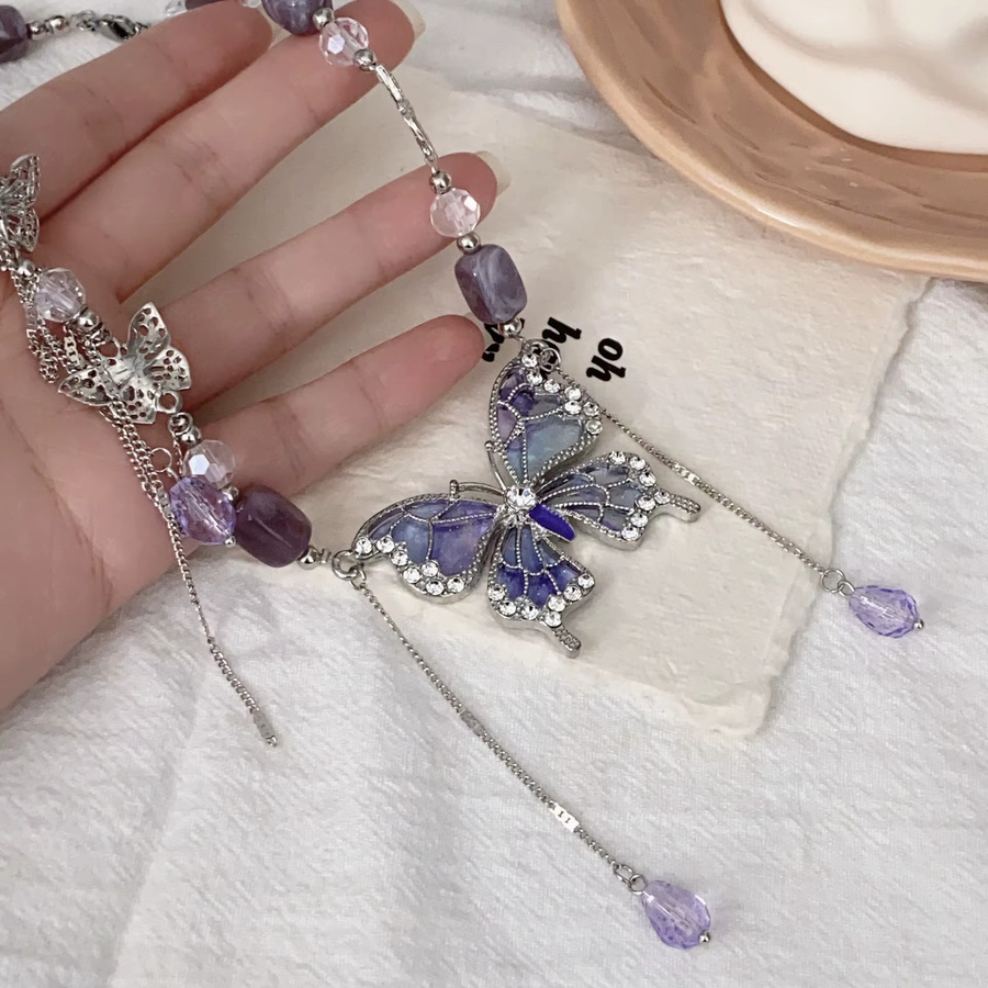 imixlot Halskette, Lila, Kristall-Schmetterling, Damen, Vintage, Silber - Bild 2