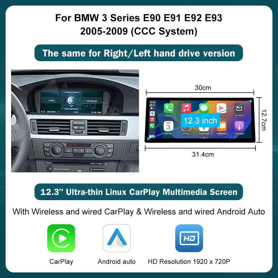 Road Top Wireless Carplay Multimedia Monitor mit 12,3-Zoll-Ultradünnbildschirm für BMW 5er E60 E61 und 3er E90 E91 E92 E93 CCC/CIC, Schwarz - Bild 6