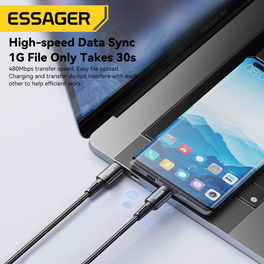 Essager USB-C Schnellladekabel mit 240 W Superschnellladung und 6 A für iPhone 15 Pro, Redmi K50, MacBook und Samsung in Schwarz oder Grau - Bild 4