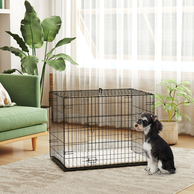 PawHut Hundebox klappbar mit 2 Türen und Kissen in Schwarz, Transportbox mit ausziehbare Bodenschale, B/T/H: 75 x 48,5 x 53 cm - Bild 2