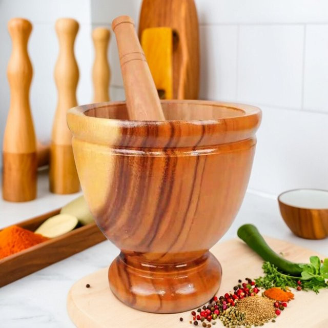Holzmörtel mit Stampfer in Braun, runde Schüssel aus Holz für Haushalt und Gewerbe - Bild 1