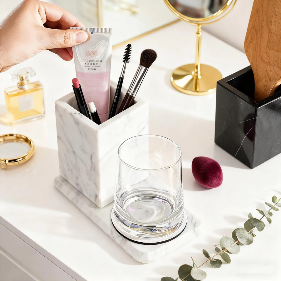 Bleistifthalter aus weißem Naturmarmor als Organizer für Bürobedarf, Make-up-Pinsel oder Badezimmer-Zubehör - Bild 2
