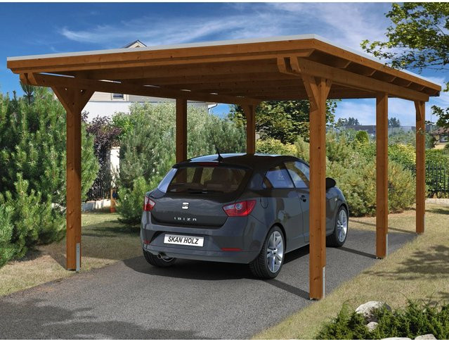 Skan Holz Einzelcarport Emsland aus Leimholz mit Aluminium-Dachplatten in Braun oder Anthrazit, B/T/H: 354 x 604 x 238 cm - Bild 1