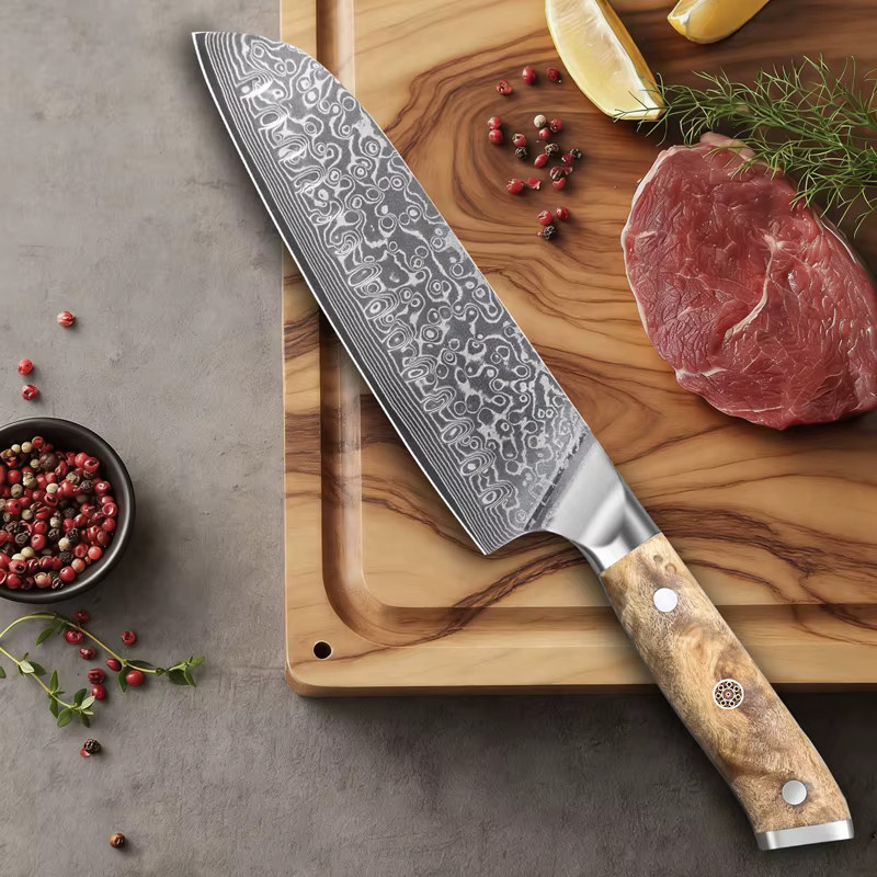 Baovim Santoku-Küchenmesser aus Damast-Edelstahl mit Naturholzgriff in Silber - Bild 2
