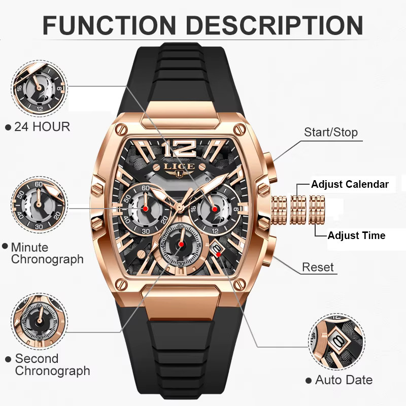 LIGE Chronograph, Quarz, Silikon, Schwarz, Herren - Bild 3