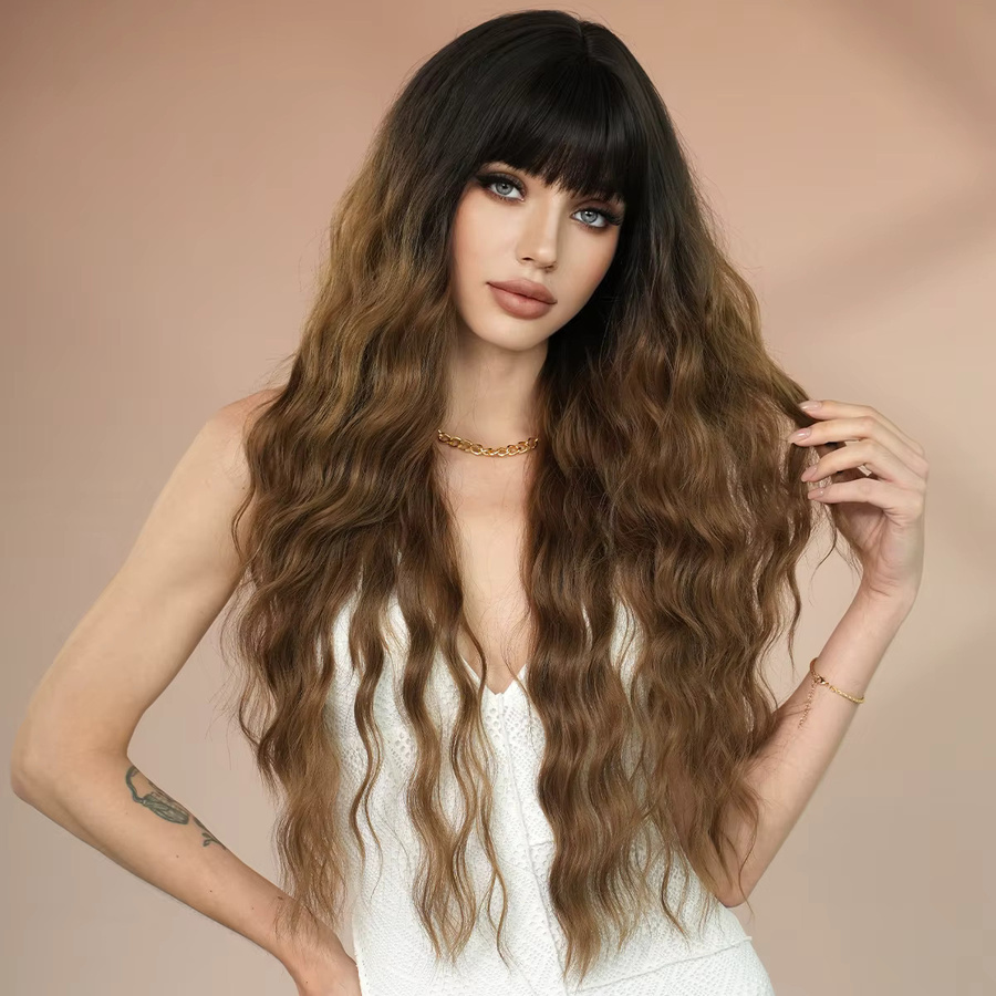 7JHH WIGS Perücke für Damen, lange wassergewellte Ombre-Braun-Perücke, synthetisch - Bild 2