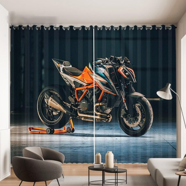 Yiran Furniture Motorrad Print Vorhang Set mit 2 Paneelen, Mehrfarbig, Polyester, Höhe: 100 cm, Breite: 50 cm pro Paneel - Bild 1
