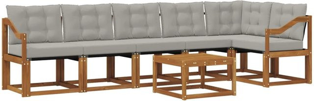 vidaXL Outdoor-Sofagarnitur 7-teilig aus Akazienholz und Textilene in Natur und Hellgrau mit Kissen und Armlehnen - Bild 1