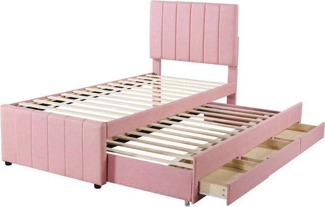 Merax Polsterbett mit Schubladen aus Leinen in Rosa, B/T/H: 90 x 200 x 42 cm - Bild 1