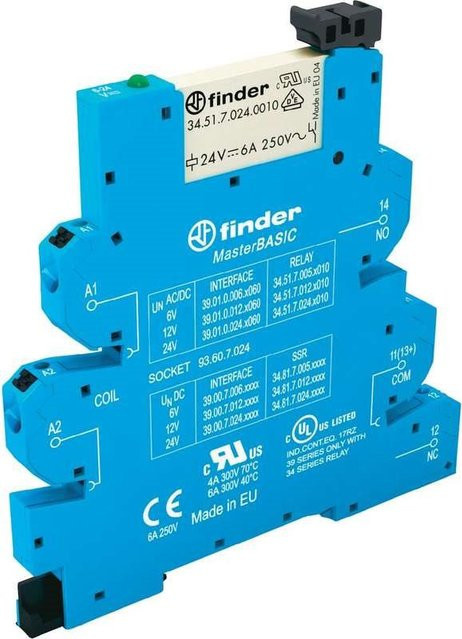 Finder MasterBasic schmales Koppelrelais für DIN-Schiene, 1 Wechsler, 6 A, Blau, 39.01.8.230.0060 - Bild 1