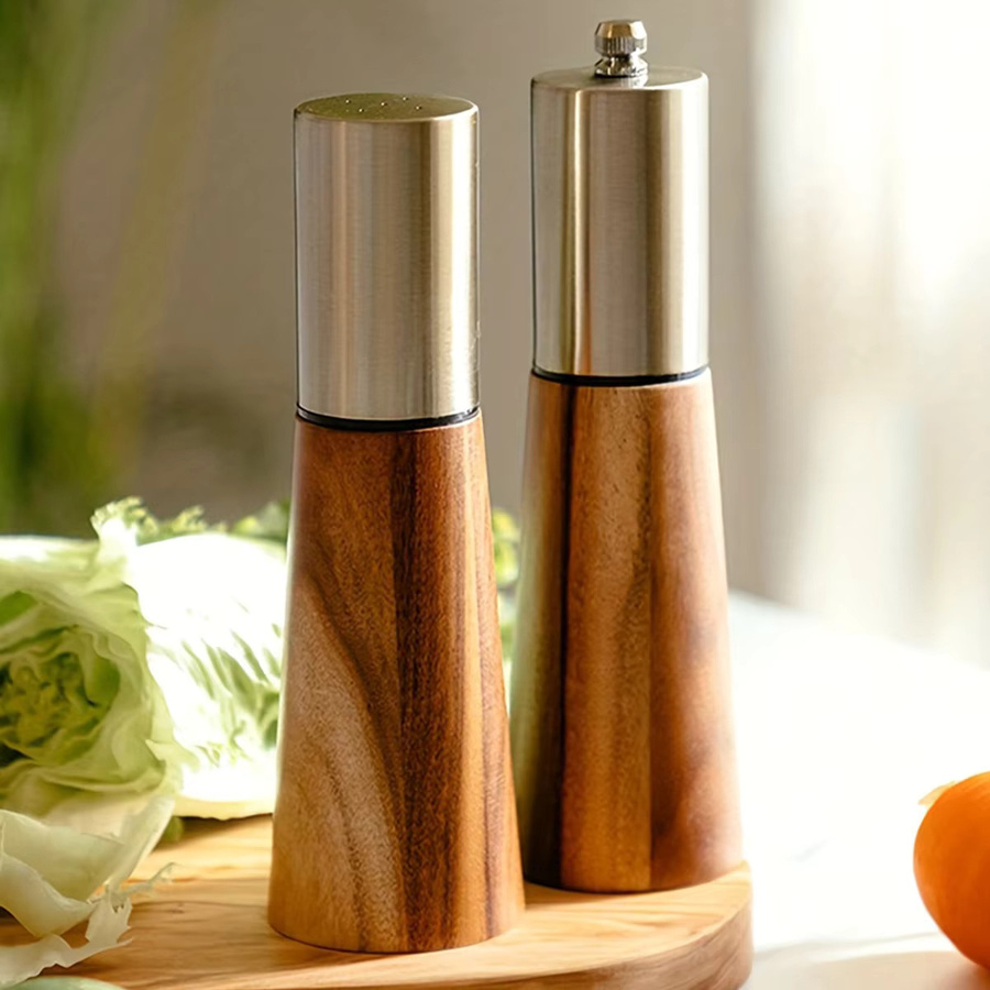 Leeseph 2-teiliges Salzstreuer-Set und Holz-Pfeffermühle mit Keramik-Mahlwerk in Braun und Gold - Bild 3