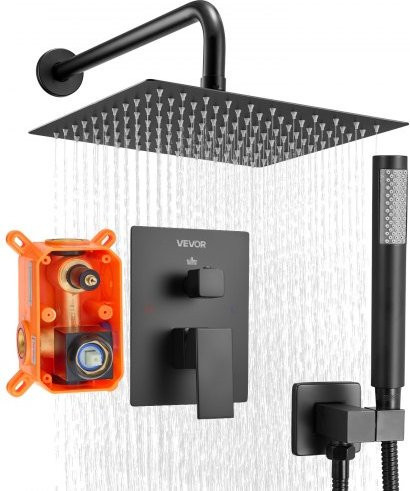 VEVOR Duscharmatur Regenduschsystem in Mattschwarz mit quadratischem Regenduschkopf und Handbrause, wandmontiert mit Messingventil - Bild 1