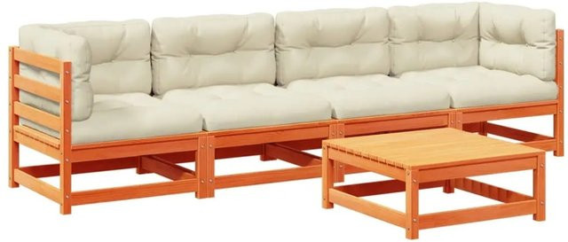 vidaXL 5-teilige Garten-Sofagarnitur aus Kiefernholz mit Kissen in Wachsbraun und Beige - Bild 1