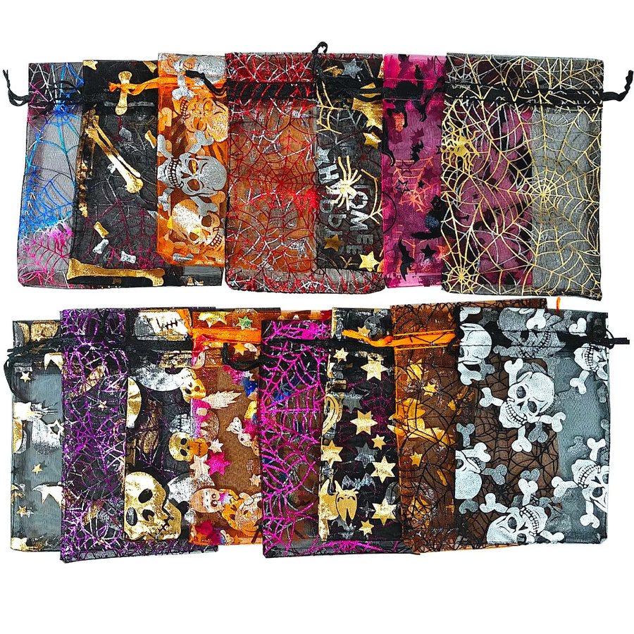 Bunte Halloween Organza Geschenkbeutel mit Schädel und Spinnennetz-Aufdruck als Kordelzug-Verpackung für Süßigkeiten in Mehrfarben - Bild 2
