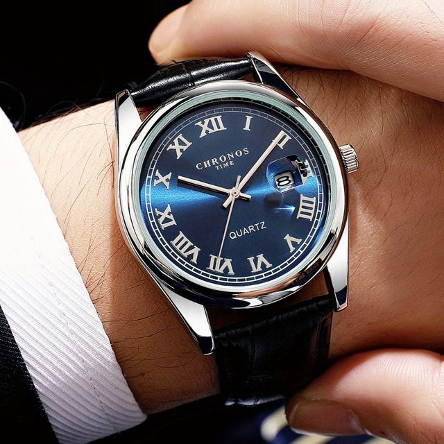 CHRONOS Armbanduhr Herren, Quarz, Edelstahl, Leder, Blau, Datum - Bild 1