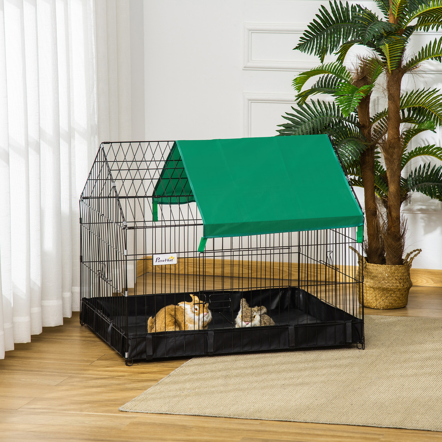 PawHut Kaninchenstall für Kaninchen, Meerschweinchen und kleine Nagetiere mit Schutzabdeckung, Schwarz, B/T/H: 90 x 75 x 75 cm, Aosom - Bild 2