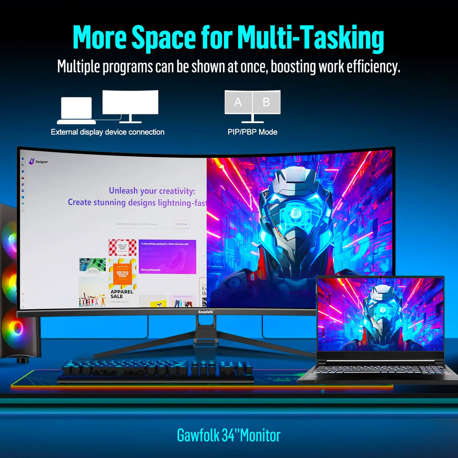 Gawfolk 34 Zoll Ultrawide Curved Gaming Monitor in Schwarz mit 165Hz, UWQHD und 1500R Krümmung sowie FreeSync - Bild 4