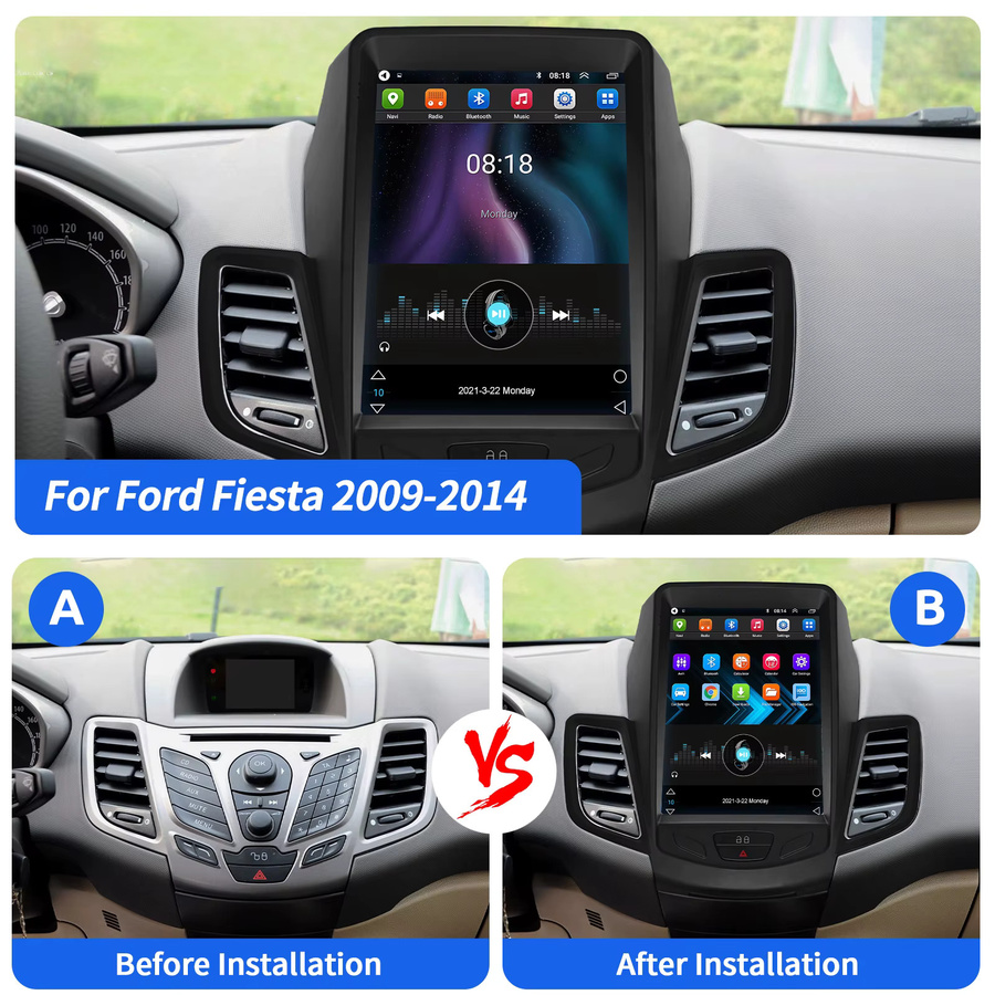 ESSGOO Android Autoradio mit 9,7 Zoll Portrait-Bildschirm für Ford Fiesta 2009-2014, 2Din Multimedia-Player mit Carplay, GPS, 4GB RAM und 64GB Speicher, Schwarz - Bild 2