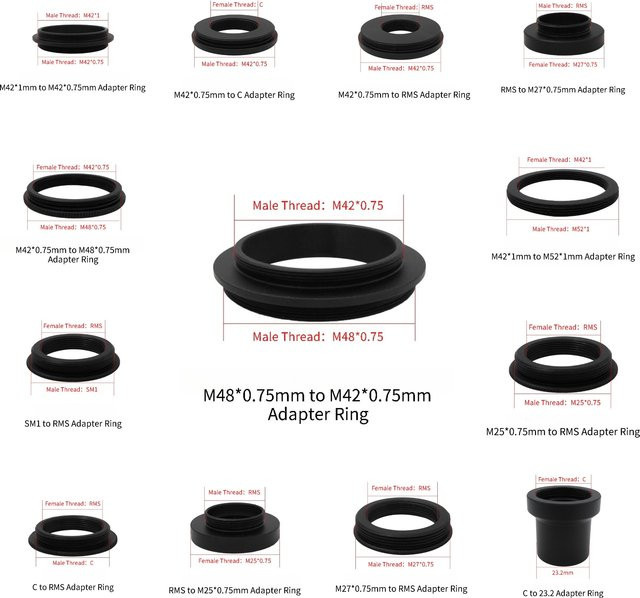 Kimoodar Mikroskop Gewinde Adapter Ring in Schwarz für M42 M48 C RMS M25 M27 SM1 23,2 zur Verbindung mit elektronischen Okularen und SLR Kameras - Bild 1