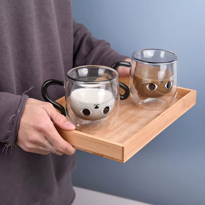 YOCITY Doppelwandige Glas-Tasse mit Katzenmotiv in Transparent - Bild 3