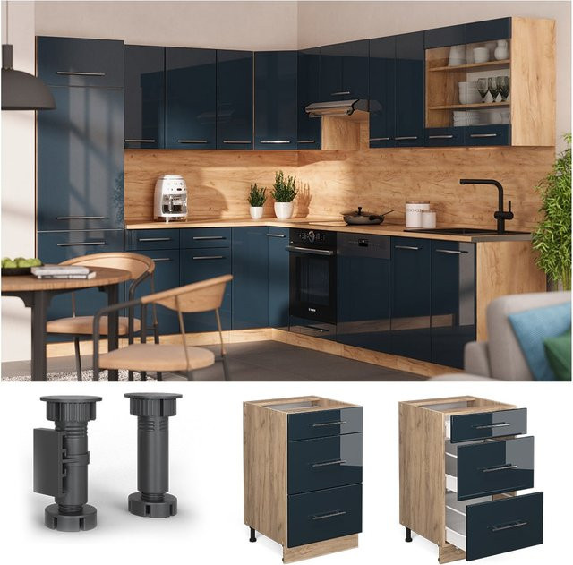 Vicco Schubladenunterschrank Fame-Line Dunkelblau Hochglanz und Eiche ohne Arbeitsplatte Breite: 50 cm - Bild 1