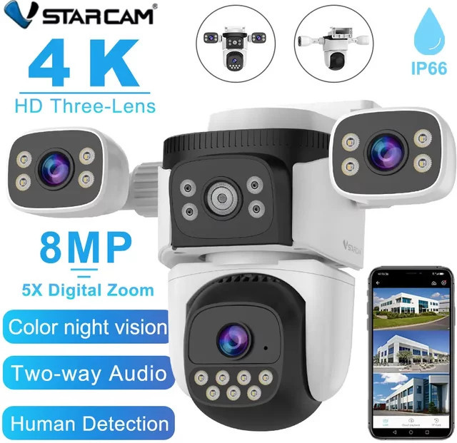 Vstarcam 4K Outdoor PTZ Sicherheitskamera mit drei Objektiven, 8MP, 5X Zoom, Wifi und Vollfarb-Nachtsicht in Weiß - Bild 1