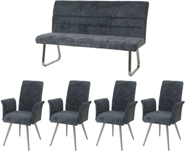 MCW Esszimmer-Set G55 mit 4 Stühlen mit Armlehnen und einer Sitzbank, Farbe Blau-Grün, Material Chenille und Edelstahl gebürstet, Breite der Sitzbank: 160 cm - Bild 2