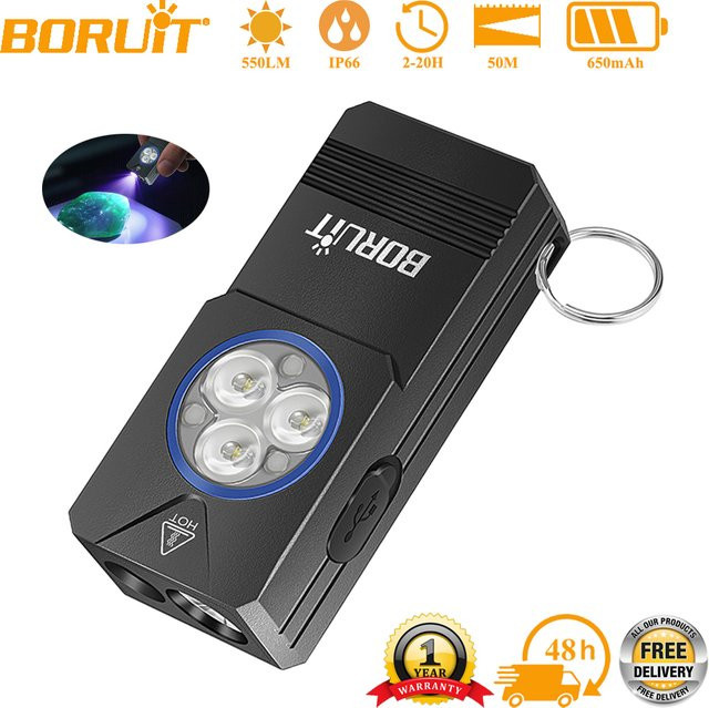 BORUiT EV30 UV-LED-EDC-Taschenlampe mit 550 Lumen, Typ C wiederaufladbar, Magnet und wasserdicht, Farbe: Schwarz - Bild 1