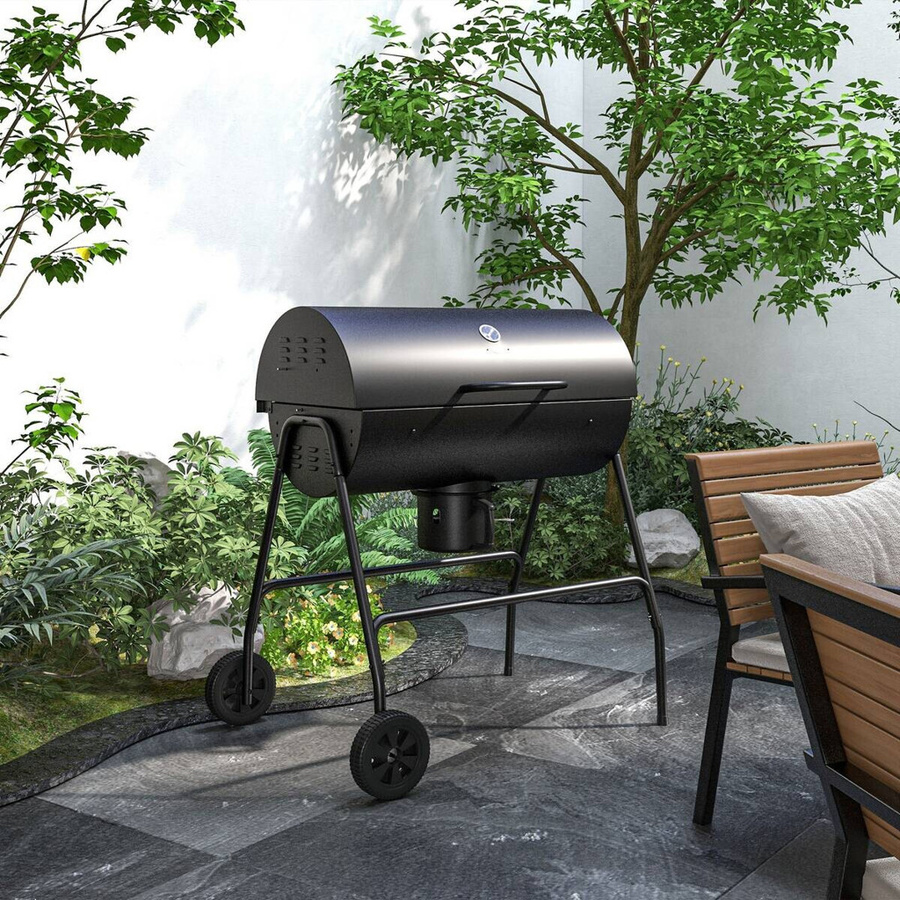 Outsunny Holzkohlegrill aus Metall als BBQ Smoker mit Deckel, Thermometer und verstellbarer Kohlewanne, fahrbarer Grillwagen für Camping und Terrasse, B/T/H: 95 x 71,5 x 102 cm - Bild 3