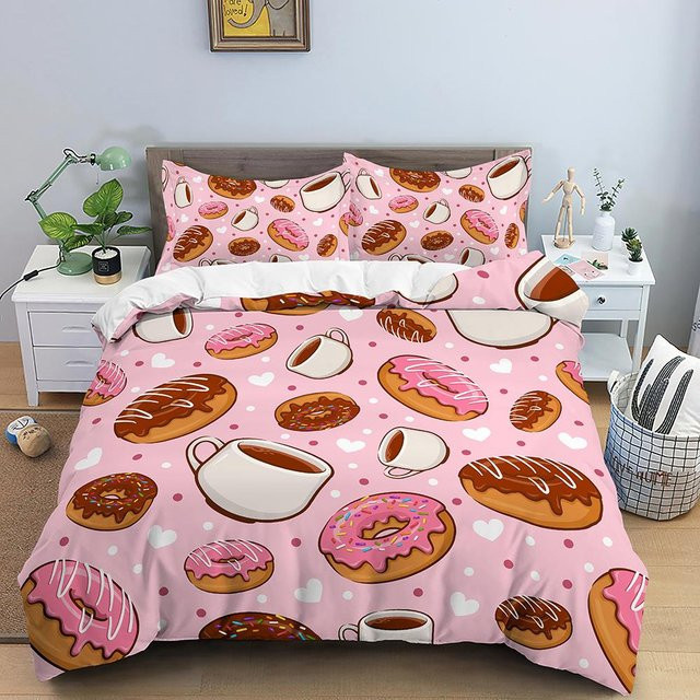 3-teiliges Bettwäsche-Set mit Kaffee Brot und Donut Muster in Rosa, Polyester Bettbezug Set für Kinder und Erwachsene, B/H: 135 x 200 cm - Bild 1